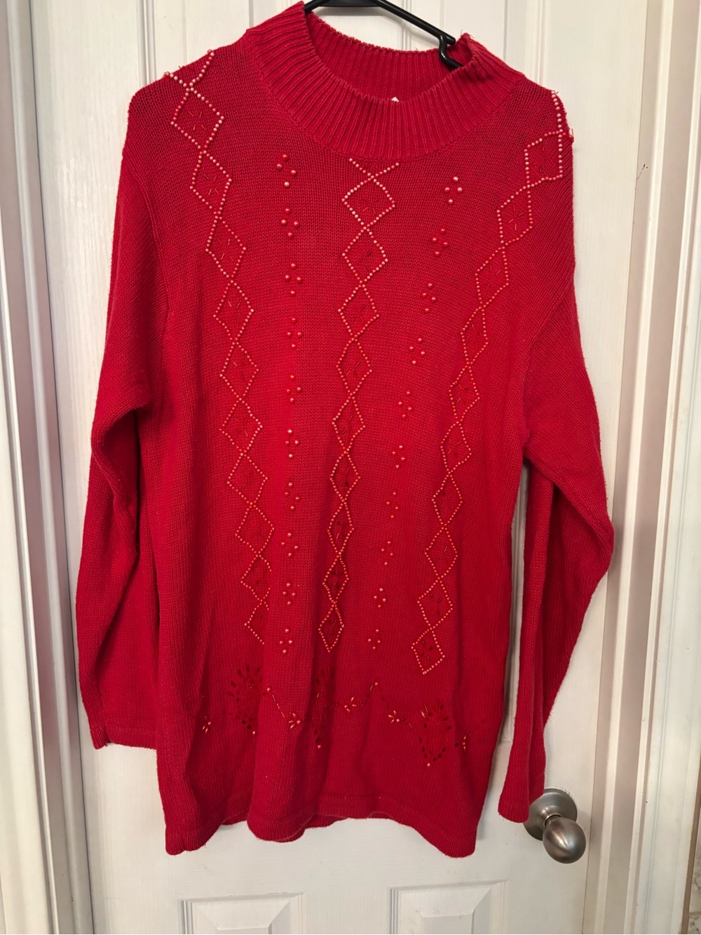 Victoria Jones Woman Red Knit Turtleneck Sweater with Beaded Diamond Accents